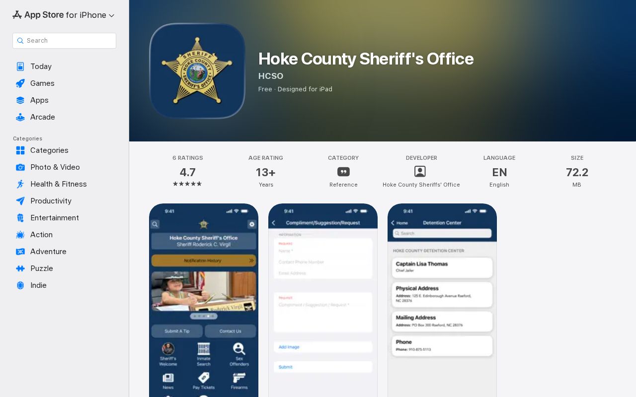 Official Hoke County Sheriff's Office app listing with inmate search feature