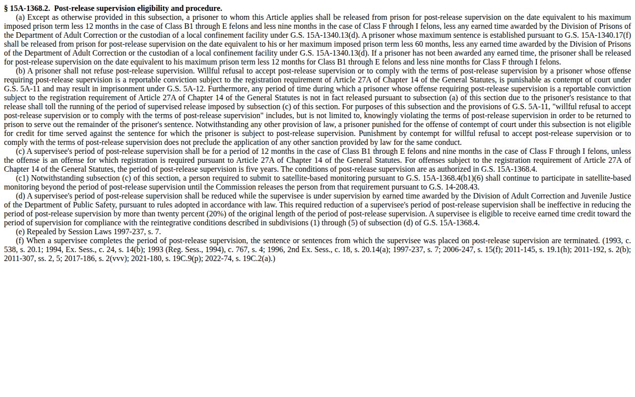 North Carolina statute showing post-release supervision timing