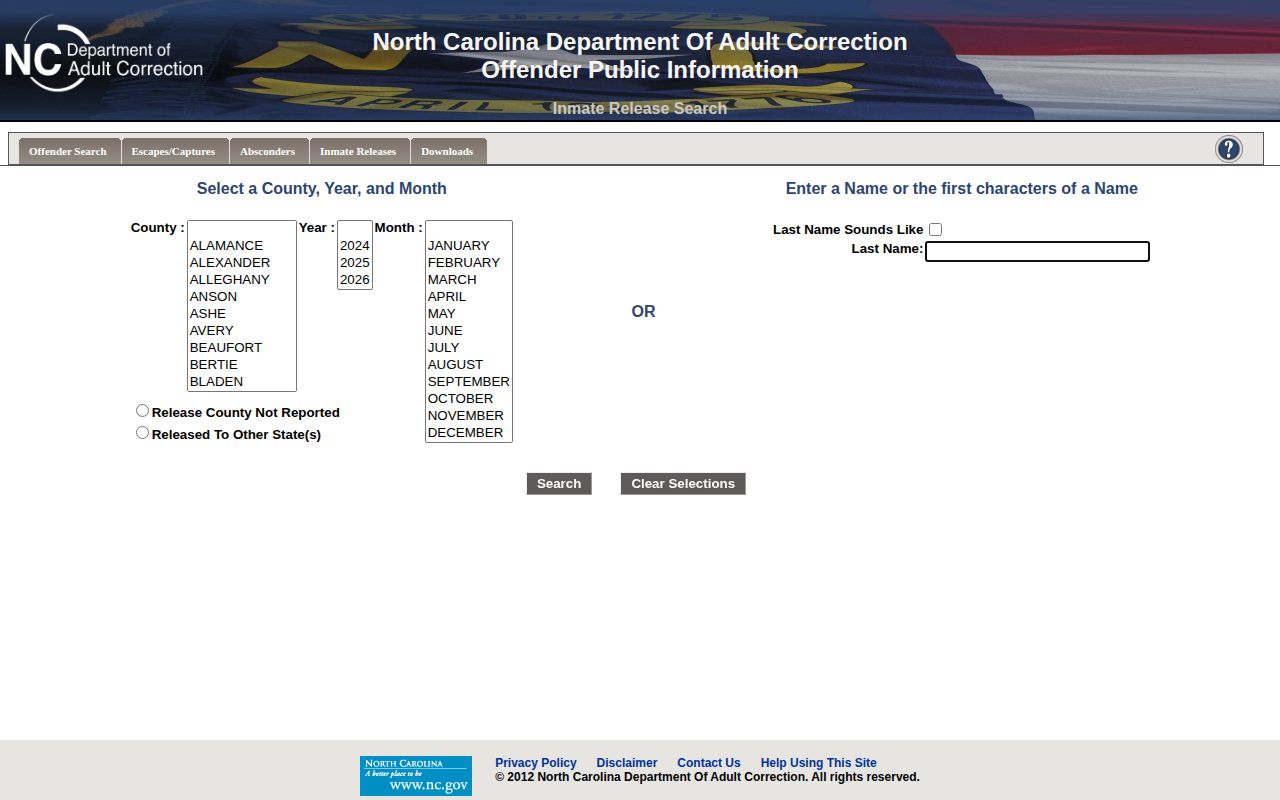 North Carolina inmate release search form with Hoke County selection