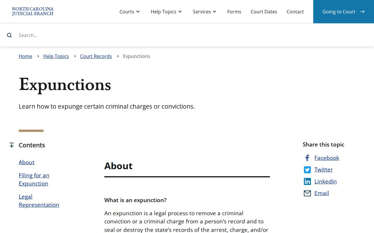 North Carolina Judicial Branch guidance about expunction and sealed records