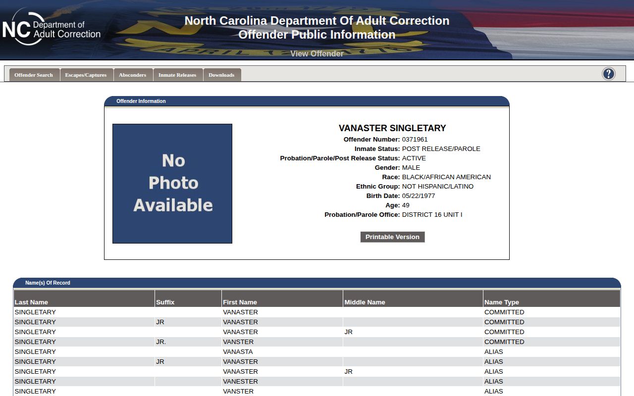 NCDAC example with actual and projected release fields and supervision status